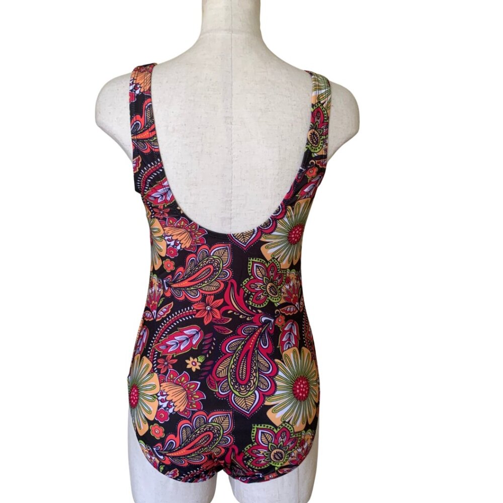 Psychedelic Floral Paisley One-Piece Swimsuit – Retro Boho Print Size M - Picture 3 of 9